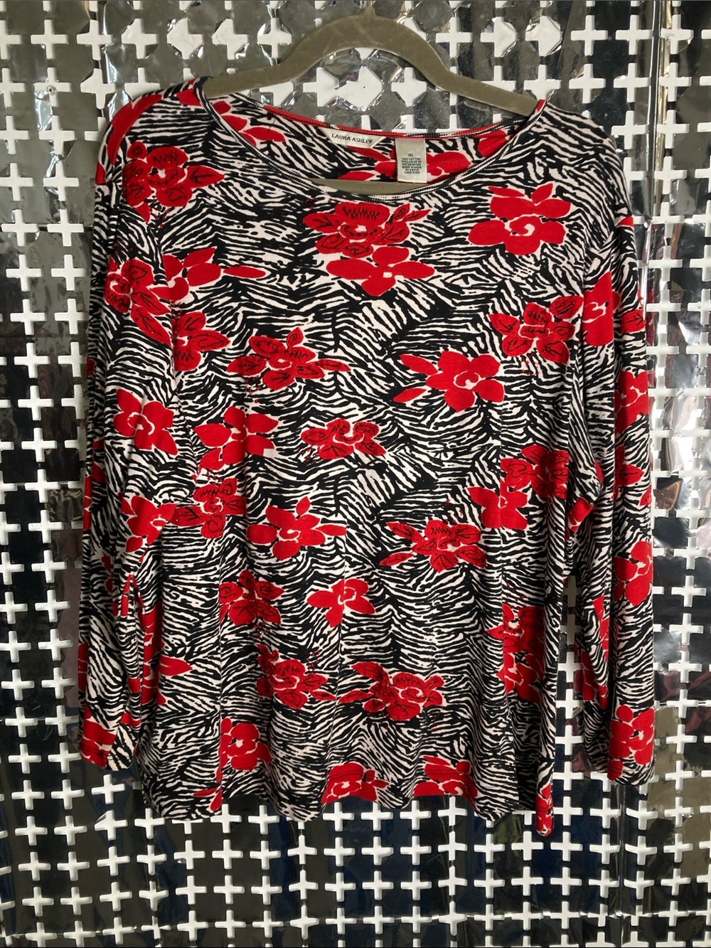 Laura Ashley Red Floral Zebra-Print Long Sleeve Top